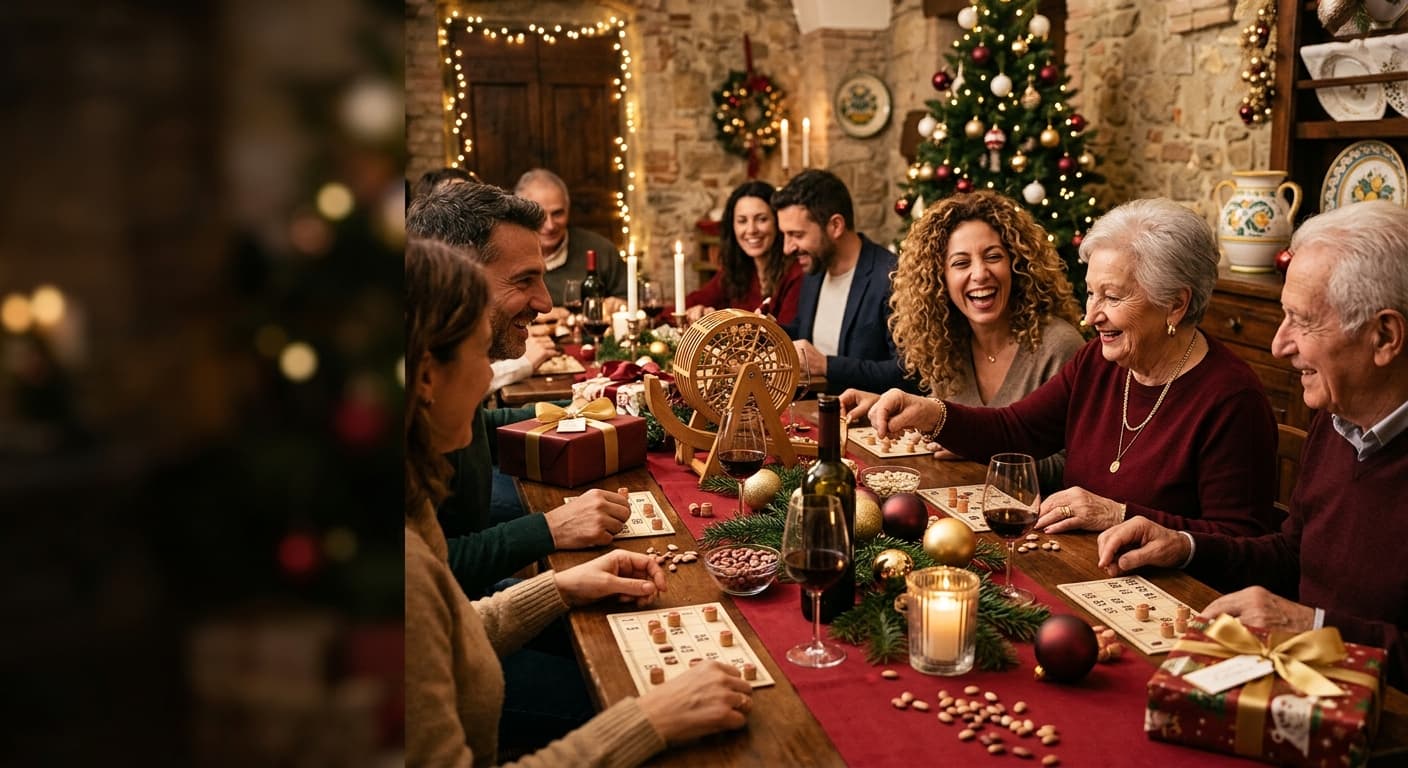 Cartelle della tombola pronte per il gioco, in un'atmosfera calda e festosa.